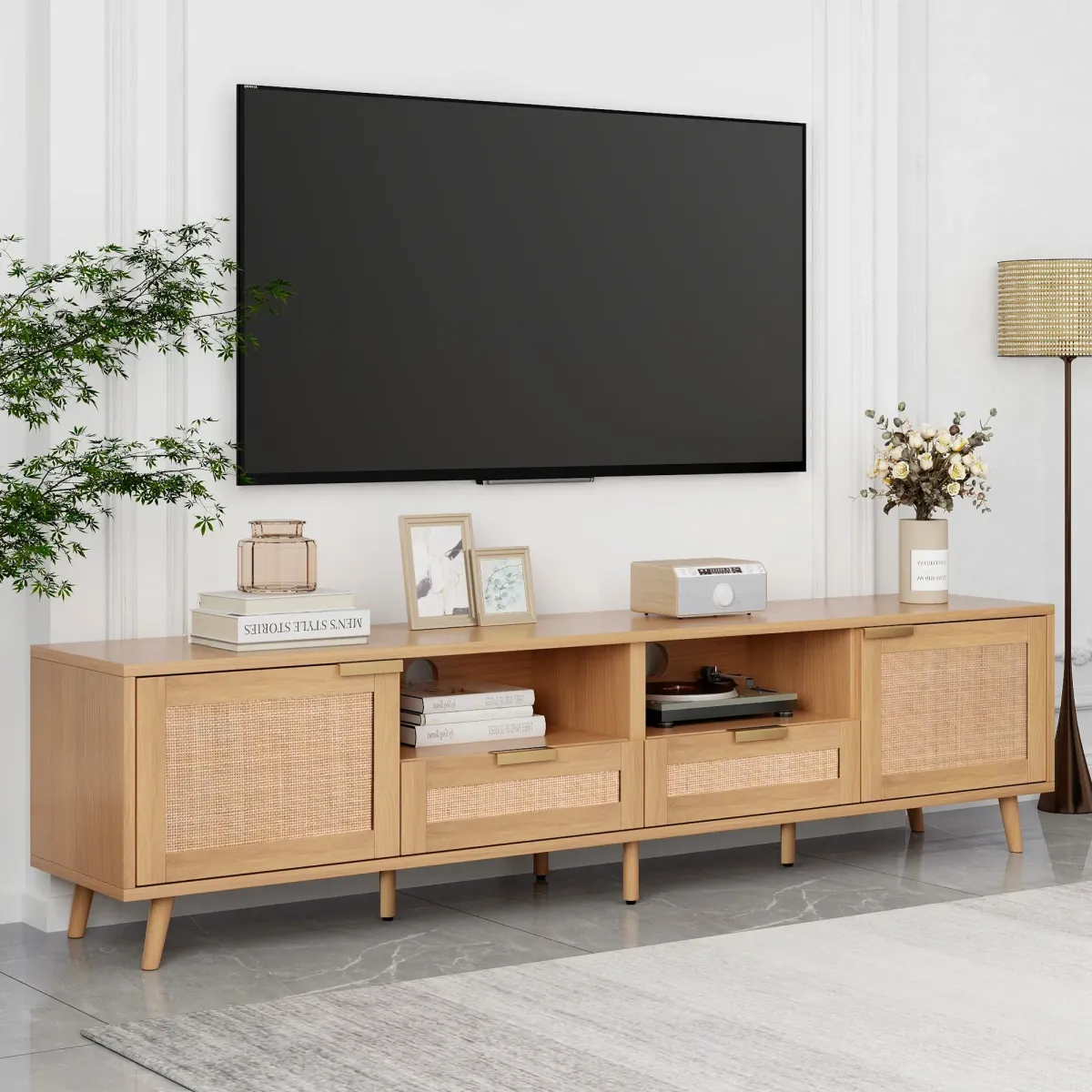 Elvire Rattan Media Console for 85'' TVs, Modern Farmhouse TV Stand